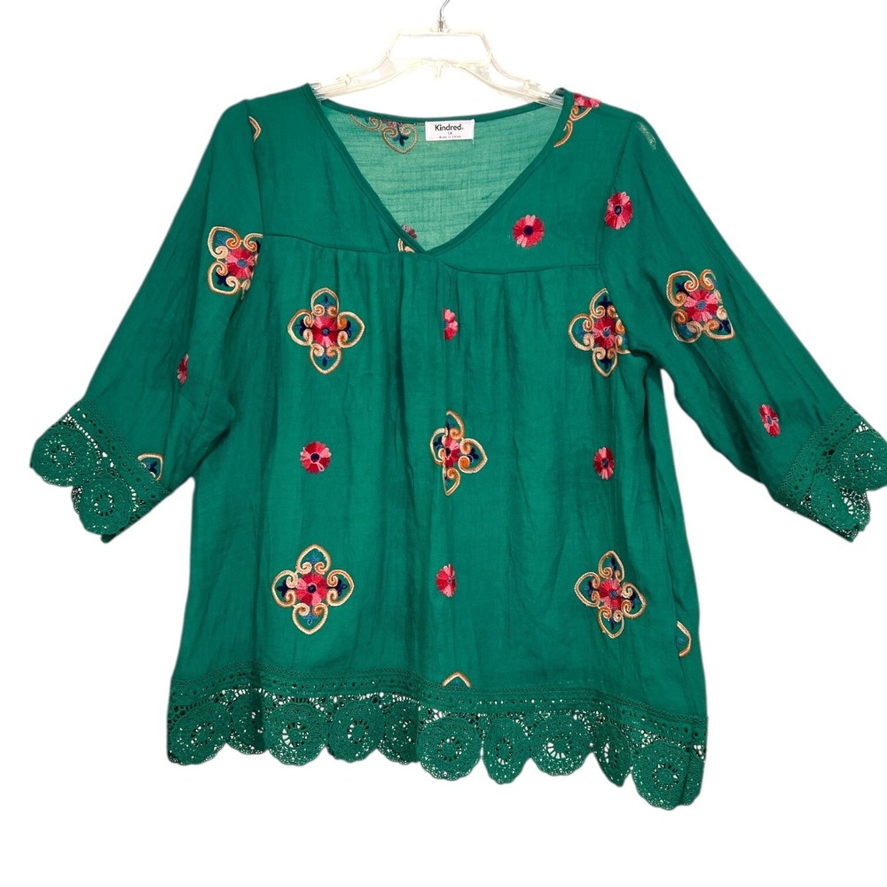 Kindred Embroidered Floral Kelly Green Crochet Trim Plus Size 1X‎ St Patty's Day